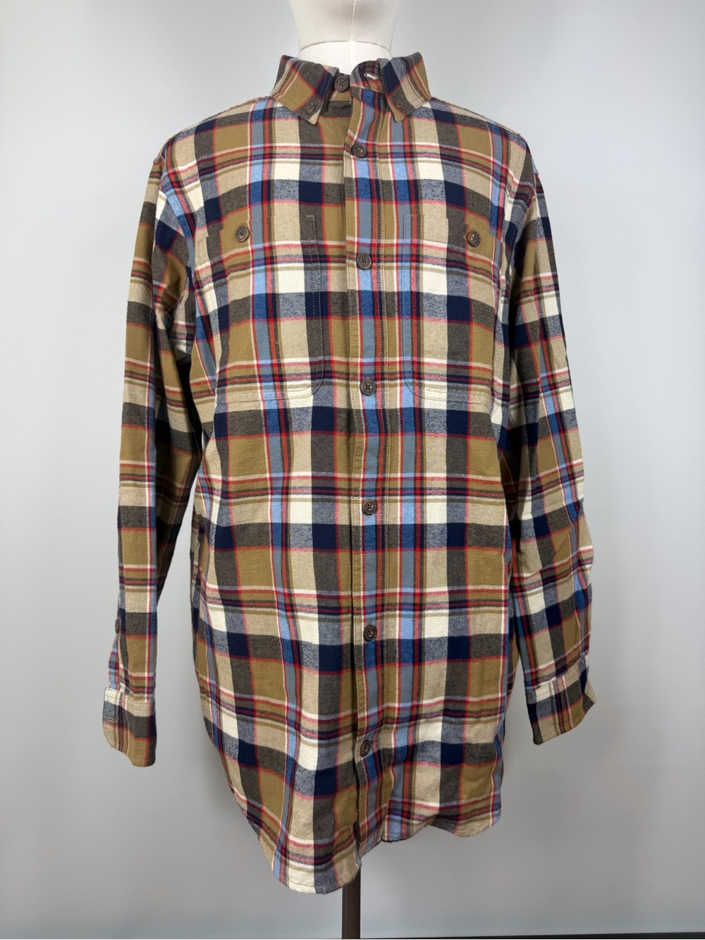 Duluth Trading Co Tan & navy blue Plaid Button-Down Flannel Shirt 100% cotton XL
